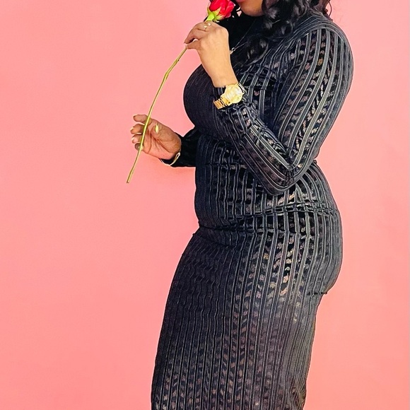 NEW TRENDY LONG SLEEVE STRIPED BURN OUT SEMI ZIP UP MAXI DRESS - Picture 6 of 6